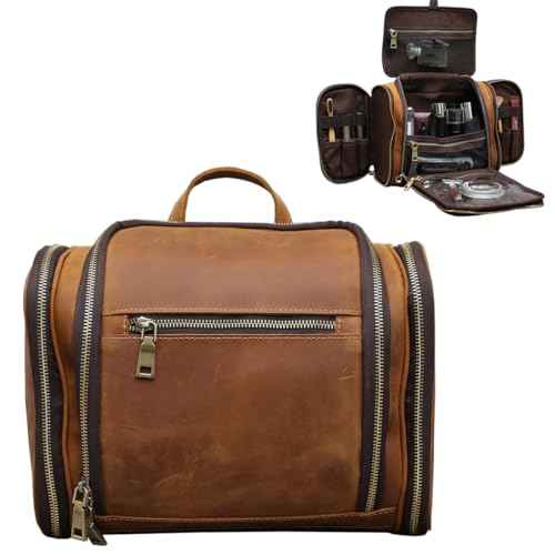 EURYNOME Toiletry Bag For Men, Genuine Leather Toiletries Organizer, Travel Hanging Toiletry Bag Large Water-resistant Bathroom Shaving Kit for Cosmetics, Makeup Case Travel Dopp Kit