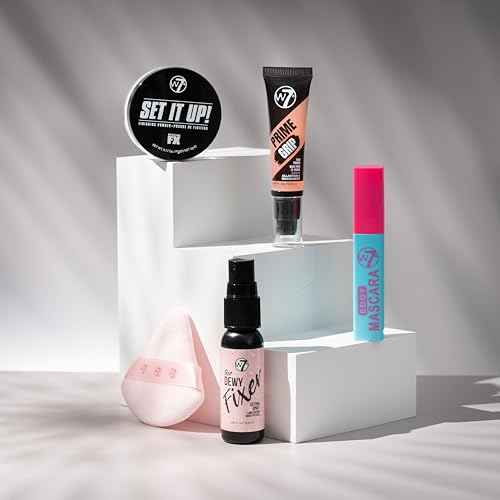 W7 On the Go Cuties Gift Set - Mini Makeup Essentials with Primer, Mascara, Setting Spray, Loose Powder & Powder Puff - Travel Size Beauty Favourites - Stocking Stuffer