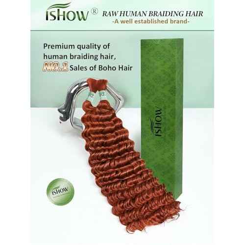 ISHOW Raw Human Braiding Hair, 100% Unprocessed Virgin Human Hair, 15A Deep Wave Boho Hair, 100g 20 Inch (2 Packs), NO.1 Premium Quality Boho Hair Producer, Long Lasting, Dark Ginger Color 350