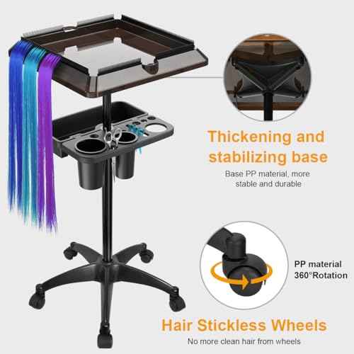 Salon Tray Cart with Extra Storage Space, Salon Rolling Tray, Adjustable Height Salon Tray on Wheels, Removable Hair Extension Tool Tray for Hairdressers, Color Tray for Salon Home Use
