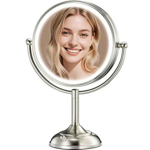 VESAUR 2025 9.3" Large 5000mAh Rechargeable Lighted Makeup Mirror Nickel, 1X/10X/20X HD Magnifying Mirror with Compact Suction, 3 Color Dimmable Light, 360¡ÆSwivel Seamless Vanity, Gift Box