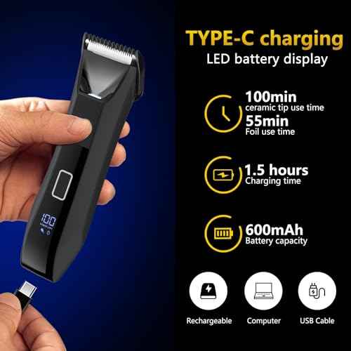 Manscaper Trimmer for Men, 2-in-1 Ball & Body Hair Groomer - Pubic & Groin Hair Shaver with Dual-Head, No-Nick Shaving, Smooth Grooming - Lightweight, Travel Lock, IPX7 Waterproof & LED Display