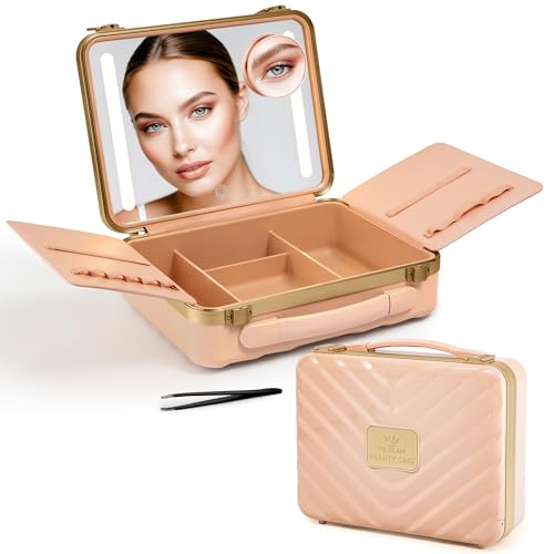 Travel Makeup Case with LED Mirror - Durable Makeup Case with Lighted Mirror with 3 Adjustable Light Settings - Rechargeable Makeup bag with light up Mirror - Mini 10x mirror included