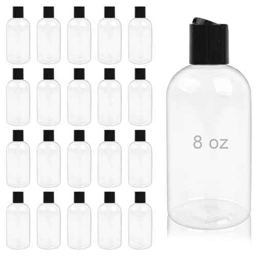 20 Pack 8 oz Empty Plastic Bottles with Black Disc Caps Reusable Clear Leak-Proof Travel Squeeze Containers for Shampoo Conditioner Toiletries Liquid Soap