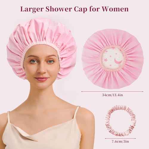 Reversible Shower Cap for Women Waterproof Reusable, Double Layer Large Shower Cap with Elastic Band, Non-Slip Washable Bath Hair Hat for Braids & Long Hair