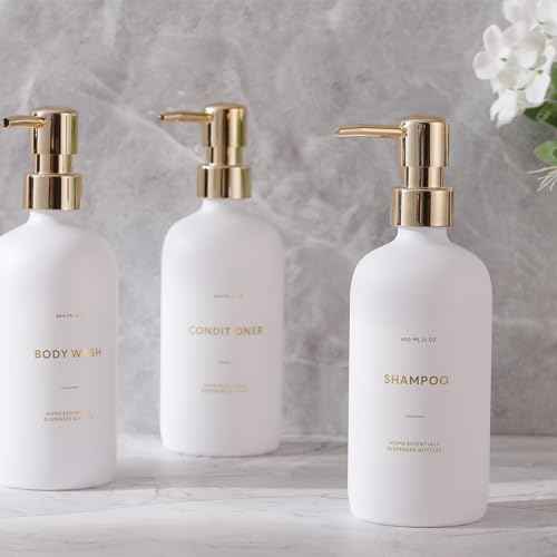 HOMCDALY Shampoo and Conditioner Dispenser, 21oz 3-Pack Refillable Pump Bottles, Shampoo Container, Empty Pump Bottle, Bathroom Shower Dispenser£¨21oz-White&Gold£©