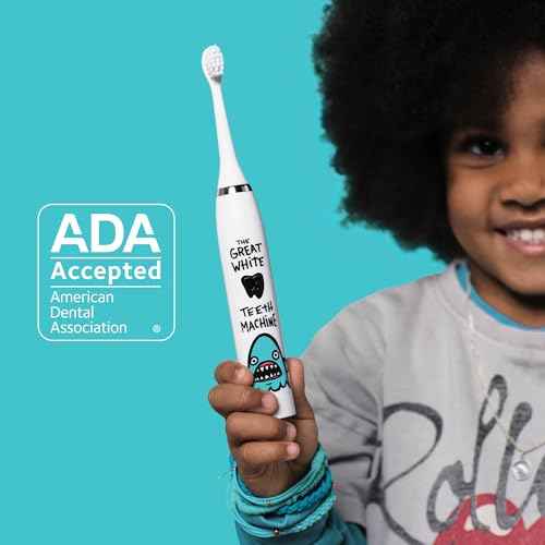 Made by Dentists Kids Electric Toothbrush - Rechargeable Vibrating Toothbrush with Timer, Includes 6 Replacement Heads, Gently Cleans Teeth, Girls and Boys, Kid & Toddlers Age 2+, Shark