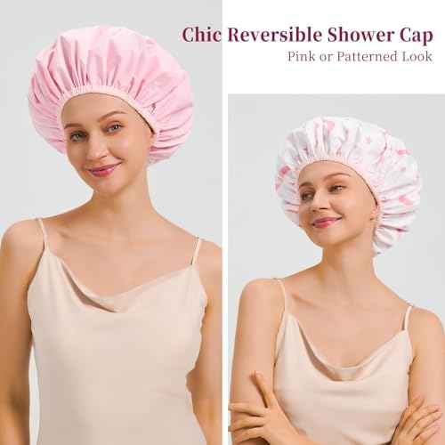 Reversible Shower Cap for Women Waterproof Reusable, Double Layer Large Shower Cap with Elastic Band, Non-Slip Washable Bath Hair Hat for Braids & Long Hair
