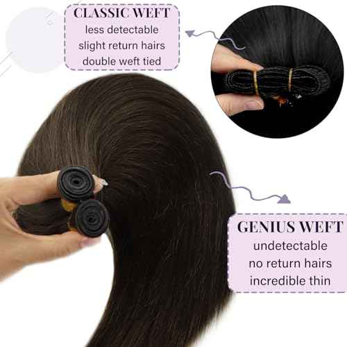 Fshine Genius Weft Real Human Hair Genius Weft for Women Darkest Brown 24 Inch Hair Bundle Remy Human Bundle Natural Human Weave 60 Gram