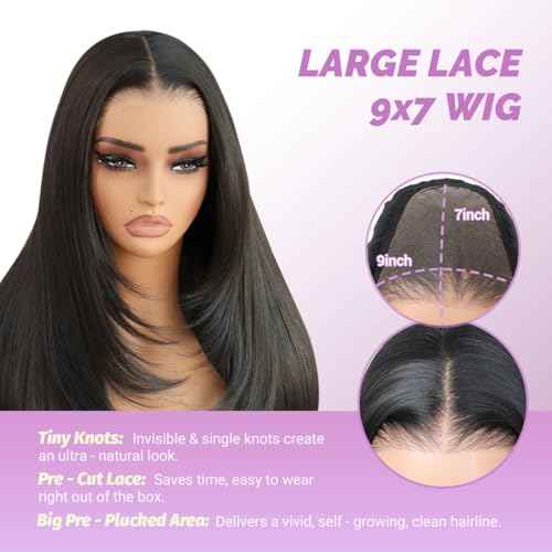 U&A Ua Hair Glueless Natural Black Straight Layered Wig Wear and Go 9x7 Lace Front Synthetic Wig Pre style Pre Plucked Pre Cut Vivid Self-growing Hairline Tiny Knots Premium Fiber 22Inch