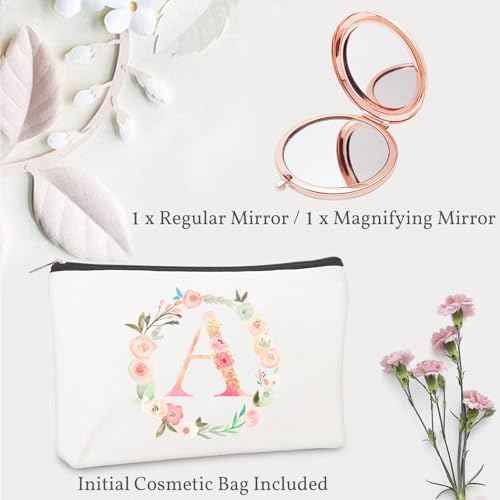 Personalized Gift Initial Compact Mirror w Makeup Bag for Women Sister Daughter Mom Wife, Floral Monogram Alphabet Small Mirror Ideal Gift on Birthday, Christmas, Graduation (A + Bag, ROSE GOLD)