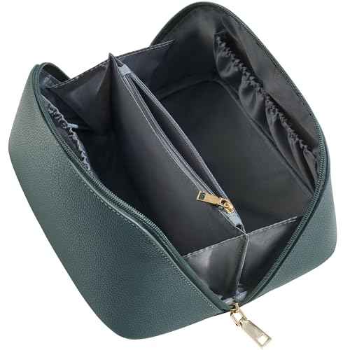 Yarnic Green Travel Makeup Bag Pouch Cosmetic Bag, Large Capacity Toiletry Bag for Women, Portable Pouch Cute Make Up Organizer with Divider and Handle, PU Leather (Gray Green)