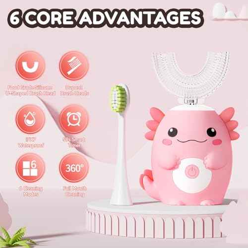 Kids Electric U Shaped Toothbrush - Axolotl Kids Sonic Toothbrush with 6 Brush Head Automatic Rechargeable 6 Cleaning Modes Full Mouth Cleaning-Pink