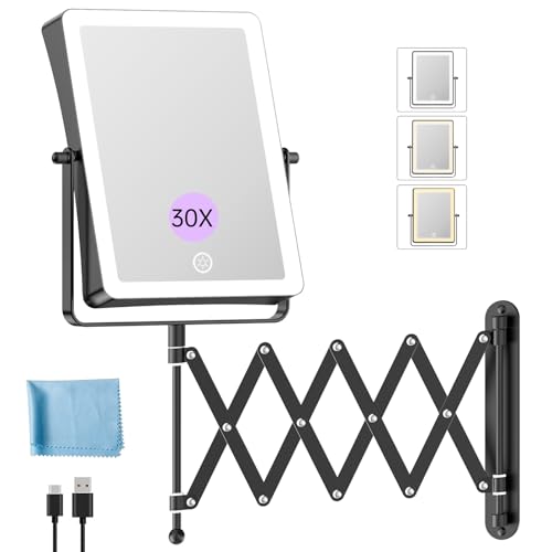 FASCINATE Rechargeable Wall Mounted Makeup Mirror with Lights, 8.7 Inch Double Sided Touch Switch 1X 30X Magnifying Bathroom Mirror, 3 Color Lights Touch Dimmable Extended Arm 360¡ÆRotation (Black)