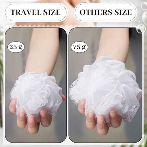 12 Pcs Travel Size Loofah Individually Wrapped, Small Shower Puff Bath Sponge Pouf Ball Bulk Mesh Bath Puff Mini Loofah Sponge with Case Bulk for Shower Care (25g,White)