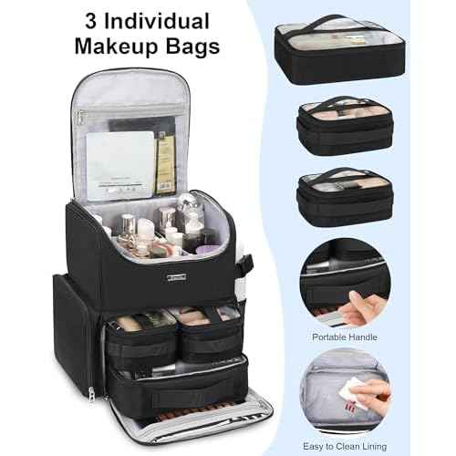 Relavel Makeup Backpack Large Makeup Bag with 3 Clear Set Bags, Dual Layer Professional Cosmetic Organizer Travel Train Case Makeup Artist Kit with Adjustable Dividers & Easy to Clean Lining, Black