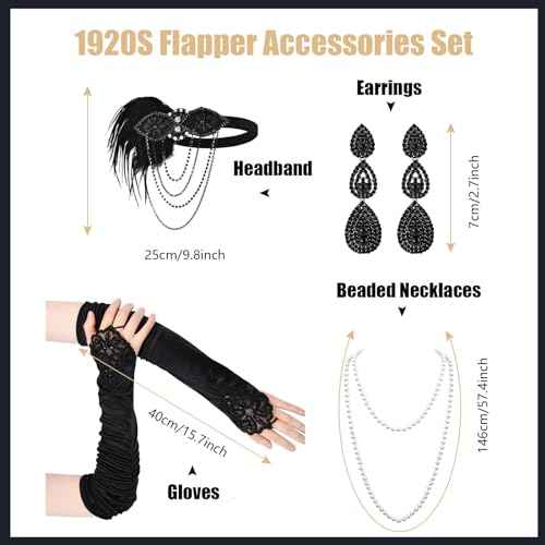 Women 1920s Flapper Set with Headband Beaded Necklaces Earrings Gloves for Vintage Wedding Costume Accessories