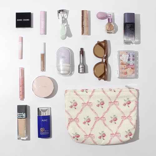 Cosmetic Bags for Women - Corduroy Cosmetic Bag Aesthetic Women Handbags Purses Smile Dots Makeup Organizer Storage Makeup Bag Girls Case Bags (Flowers-Navy blue)