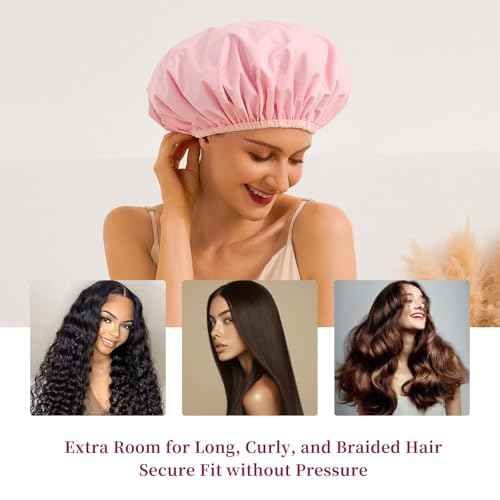 Reversible Shower Cap for Women Waterproof Reusable, Double Layer Large Shower Cap with Elastic Band, Non-Slip Washable Bath Hair Hat for Braids & Long Hair