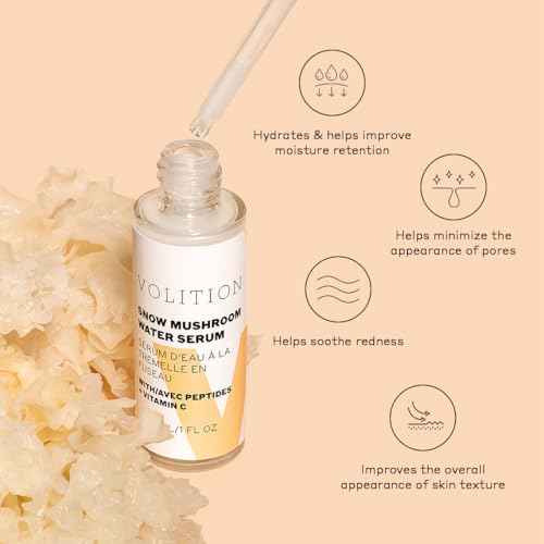 Volition Beauty Snow Mushroom Water Serum with Peptides + Vitamin C | Floods Skin with Moisture & Hydration | Visibly Minimizes Lines, Wrinkles & Pores | Soothes Redness & Improves Skin Texture