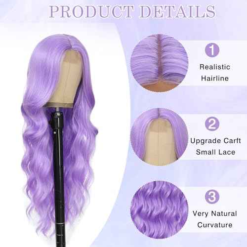 Long Purple Wavy Wig for Women 26 Inch Light Purple Middle Part Curly Synthetic Hair Wig Natural Look Heat Resistant Fiber for Daily Party Use