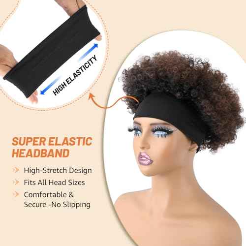 Afro Curly Headband Wig for Black Women,Short Kinky Curly Synthetic Wig with Super Elastic Headband Glueless Quick Wear And Go Fluffy Bouncy Afro Wig for Daily Party(T33)