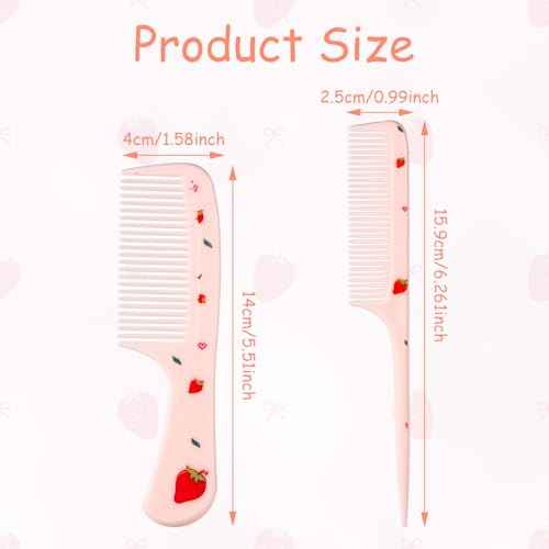 2pcs Cute Hair Comb Set, Pink Strawberry Baby Comb Fine Tooth Comb & Rat Tail Comb Toddler Tiny Hair Comb Small Girls Comb Plastic Mini Kids Comb Hair Parting Comb for Women Girls Kids All Hair Types