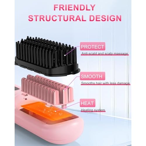 Sunwhisper Cordless Hair Straightener Brush with 200 Million Anion, Portable Cordless Straightener Comb for Travel with LCD Display (2 Clips,Pink)