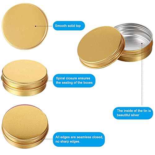 Patelai 2 oz 120 Pcs Metal Round Tins Aluminum Tin Cans Salve Tins Containers with Screw Lid 20 Sheets Stickers for Christmas Salve Spice Candies Balms Candles(Gold)