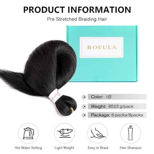 Pre Stretched Braiding Hair 20 Inch 8 Packs Long Black Braiding Hair Pre Stretched Professional Prestretched Braiding Hair Extensions Synthetic Crochet Twist Braids (1B, 20 Inch (pack of 8))