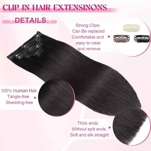 Clip in Hair Extensions Real Human Hair, Remy Human Hair Clip in Extensions for Black Women, Invisible Natural Straight Seamless Clip ins Hair Extensions 8pcs Double Weft #1B 24inch 120g