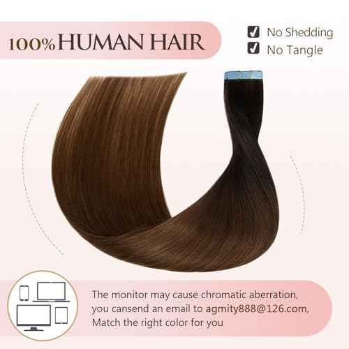 Hair Extensions Real Human Hair Tape in Omber Off Black/Middle Brown 22 inches 20pcs 50g/pack Straight Seamless Weft Skin Hair Tape in Extensions(22 inches #T1b-4)