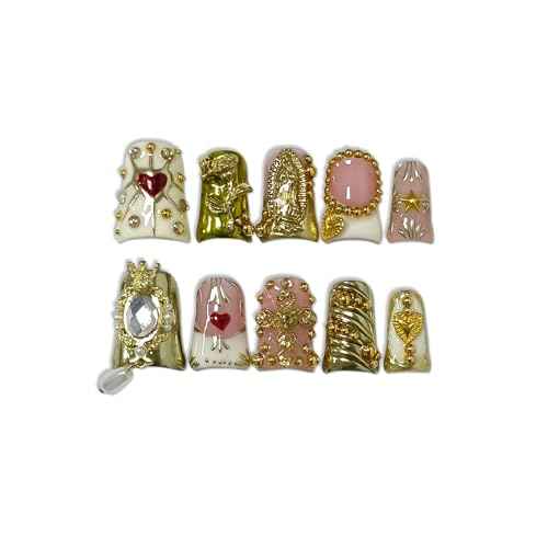 10Pcs Ballerina Press On Nails With Tools,Egyptian Palace Relief Glue on Nails with Gold Cross & Pearls,Handmade 3D Saint Charms Fake Nail Kits, Vintage Epic Acrylic Coffin Duckbill Nails(L)