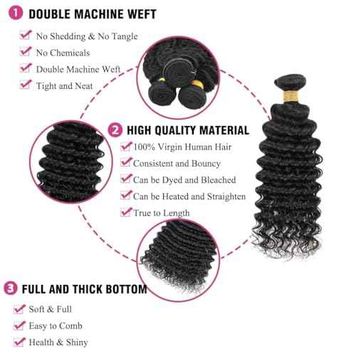 AUTTO Deep Wave Bundles Human Hair 16 18 20inch Brazilian Deep Wave Bundles for Black Women Wet and Wavy Bundles 100% Unprocessed Virgin Water Wave Curly Human Hair Weave 3 Bundles Natural Black