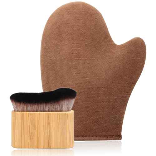 2 in 1 Streak-Free Natural Tanning Mitt, Leakproof-lined Self Tanner Mitt, Reusable Self Tanning Mitt and Brush, Self Tanner Brush for Self Tan Mit for Apply Tanning Lotion, Mousse, Sunscreen