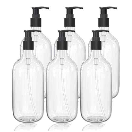 10 Ounce Clear Plastic Pump Bottle Dispenser, Refillable Empty Bottle Container with Pump for Essential Oil Soap Lotion Shampoo, 6 Pcs