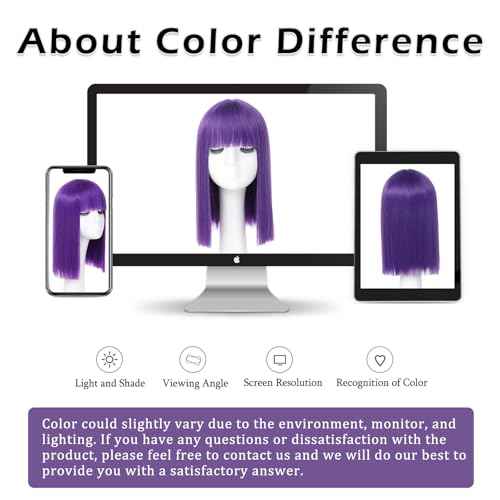 Purple Bob Wig With Bangs - Heat Resistant 14Inch Synthetic Hair, Short Straight Shoulder Length Natural-Looking Cosplay Wig for Daily Use, Parties & Women Girls