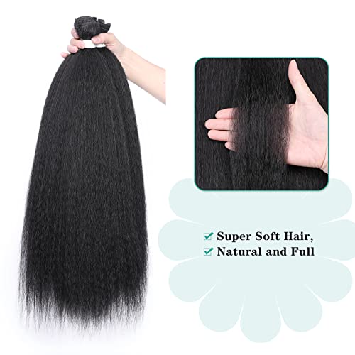 HANNE Kinky Straight Bundles with Lace Closure Yaki Long Straight Hair Bundle for Black Women Heat Resistant 3 Bundles with Closure Hair Extensions (18 20 22 Black)