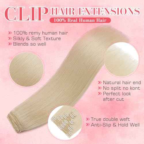 S-noilite Hair Extensions Clip in Human Hair 14 Inch Clip in Hair Extensions Bleach White Hair Extensions Real Human Hair 8PCS 120G Remy Hair Clip in Extensions Double Weft #70