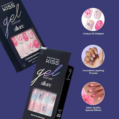 KISS Gel Fantasy Allure Press On Nails Almond Shape, 'Space', Pink, Medium Length, Ready to Wear, Pink Glue (2g), Cuticle Stick, & Mini File, 28 Count