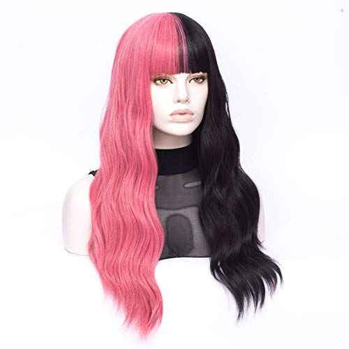 MORTICIA Long Loose Wavy Half Pink and Half Black Full Bang Wig