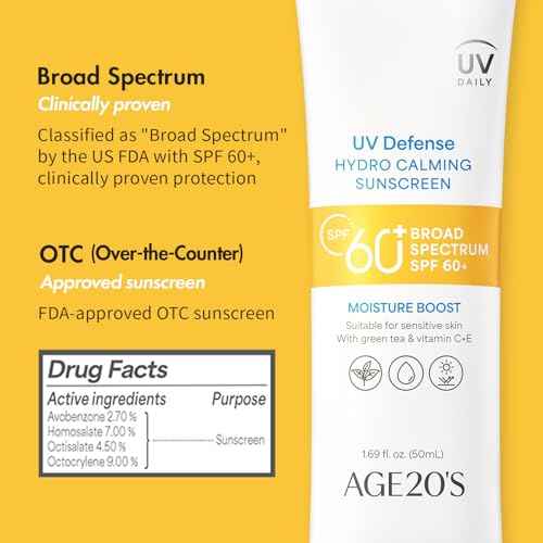 AGE20'S UV Defense Hydro Calming Sunscreen SPF 60+ | Korean Sunscreen | Moisturizing Creamy Formula, No White Cast, Lightweight Finish | Green Tea + Aloe Vera | Dermatest Excellent | 1.69 fl.oz*1