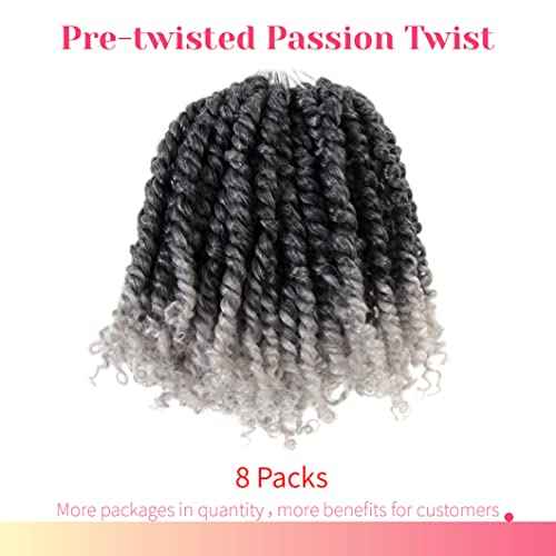 BOHOBABE Pre-twisted Passion Twist Crochet Hair 6 Inch Short Ombre Gray Pre-looped Crochet Passion Twist Braiding Hair 8 Packs (T1B/grey)