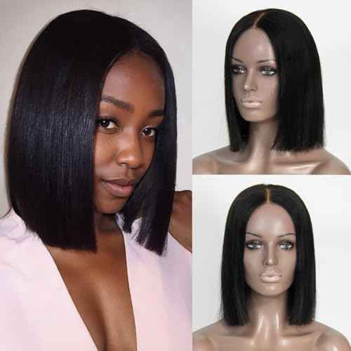 Wear and Go Glueless Wigs Human Hair Pre Plucked Pre Cut, Blunt Cut Bob Wigs Human Hair Bleached Knots 210% Density 12A Brazilian Virgin Hair 5x5 HD Lace Closure Wigs Black Women 10 Inch