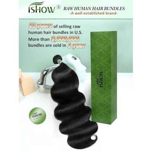 ISHOW Raw Human Hair Bundles, 100% Unprocessed Virgin Human Hair, 15A Body Wave Premium Quality Bundles Producer, 18 Inch Single Bundle, Long Lasting, Color 1B