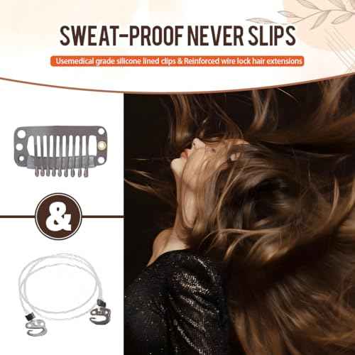 Invisible Wire Hair Extensions Real Human Hair - 22 Inch 95G P4/27 Chocolate Brown Highlighted Honey Blonde Transparent Fish Line Clip-Ins Hair Piece, 100% Remy Human Hair Extensions for Women