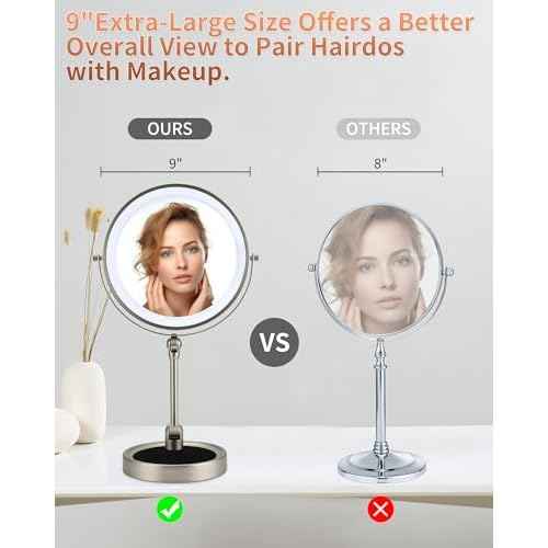 9" Lighted Makeup Mirror,1X/10X Magnifying Vanity Mirror with Height & Brightness Adjustable,Rechargable Makeup Mirror,360¡ÆRotation Double Sided Standing Desk Mirror (Satin Nickel)