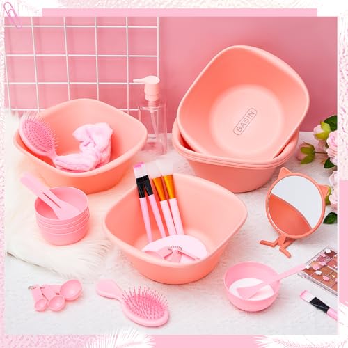 60 Pcs Spa Party Supplies for Women Pink Facial Mask Bowl Set with Facial Mask Bowls Spatula Brush Puff Measuring Scoop Basin Mirror Air Cushion Comb Headband Spa Birthday Party Favor