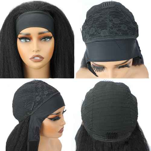Kinky Straight Headband Wig 24 Inch Human Hair Headband Wigs for Black Women Glueless Yaki Straight Human Hair Headband Wigs Natural Black color