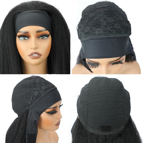 Kinky Straight Headband Wig 16 Inch Human Hair Headband Wigs for Black Women Glueless Yaki Straight Human Hair Headband Wigs Natural Black color